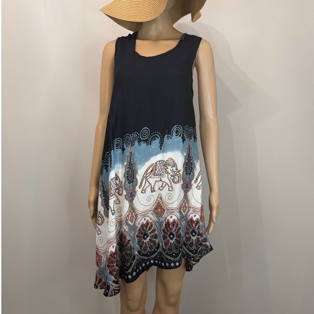 Boho Elephant Print Sleeveless Swing Tunic Dress Black Blue Twisted Racerback